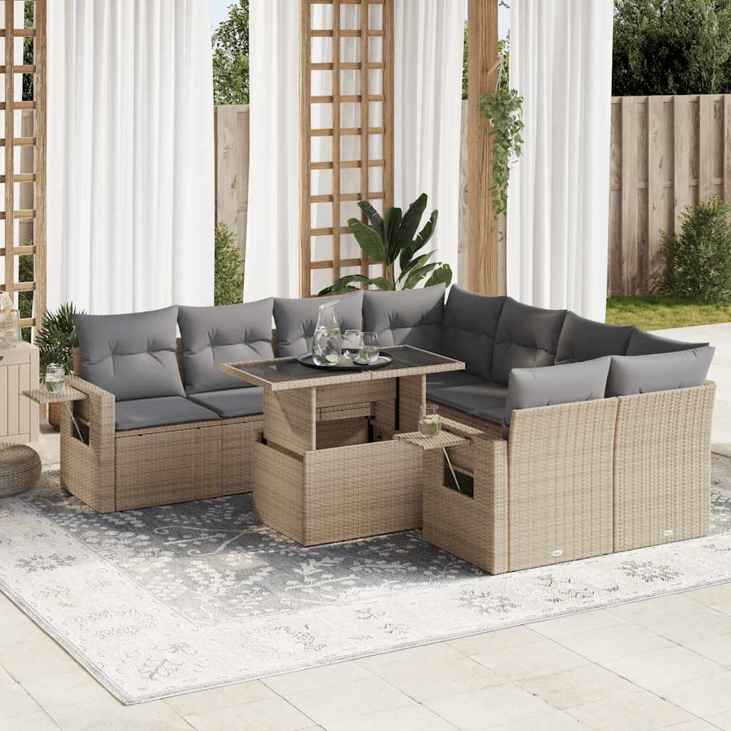 Set Divano da Giardino 9 pz con Cuscini Beige in Polyrattan | homemem39