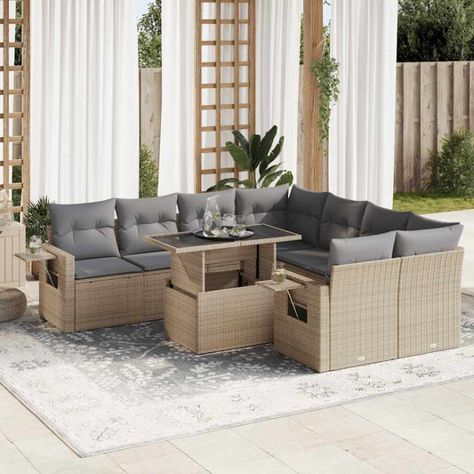 Set Divano da Giardino 9 pz con Cuscini Beige in Polyrattan - homemem39