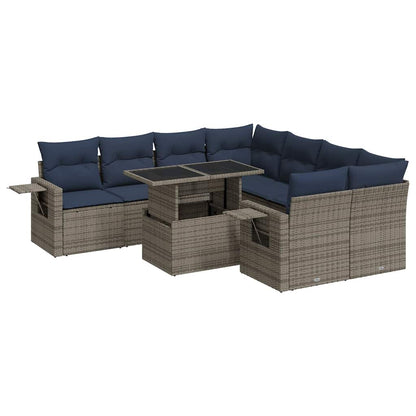 Set Divani da Giardino 9 pz con Cuscini Grigio Polyrattan Acacia