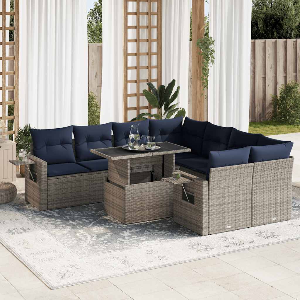 Set Divani da Giardino 9 pz con Cuscini Grigio Polyrattan Acacia