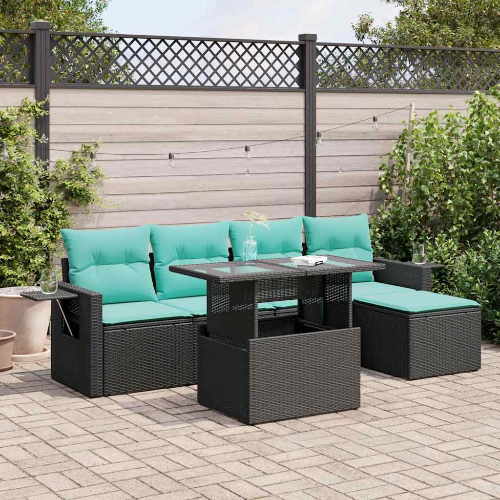 Set Divano Giardino 6 pz con Cuscini Nero Polyrattan Acacia