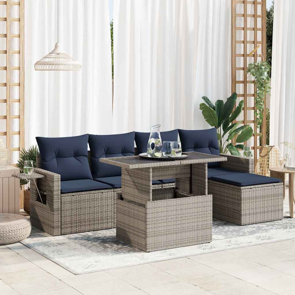 Set Divano da Giardino 6 pz con Cuscini Grigio Polyrattan Acacia | homemem39