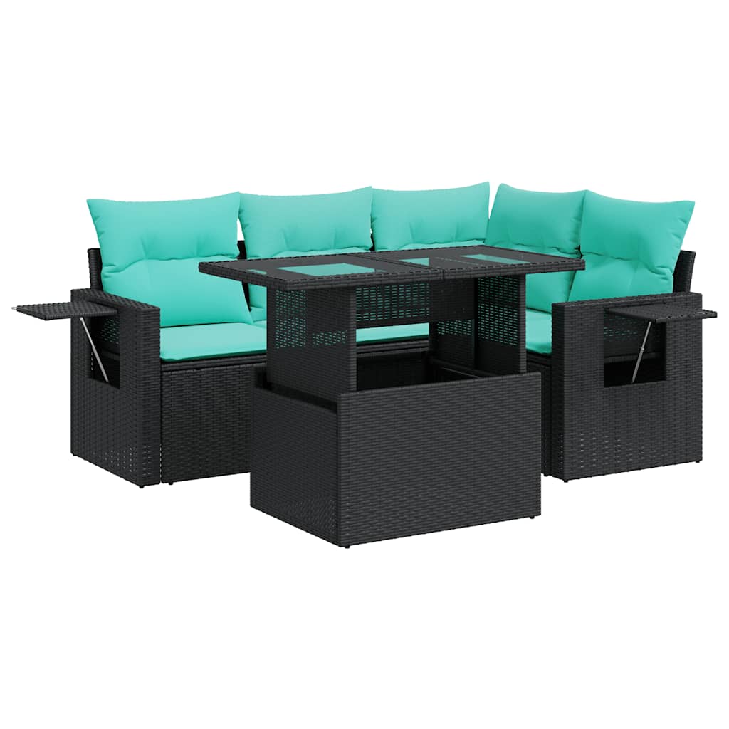 Set Divano da Giardino 5 pz Cuscini Nero Polyrattan e Acacia
