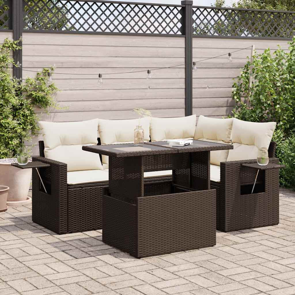 Set Divano da Giardino 5 pz con Cuscini Marrone in Polyrattan - homemem39