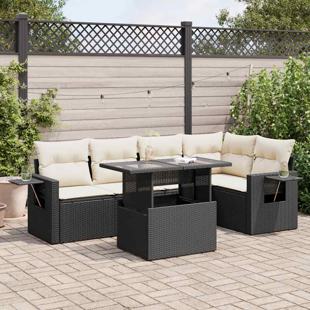 Set Divano da Giardino 6 pz con Cuscini Nero in Polyrattan