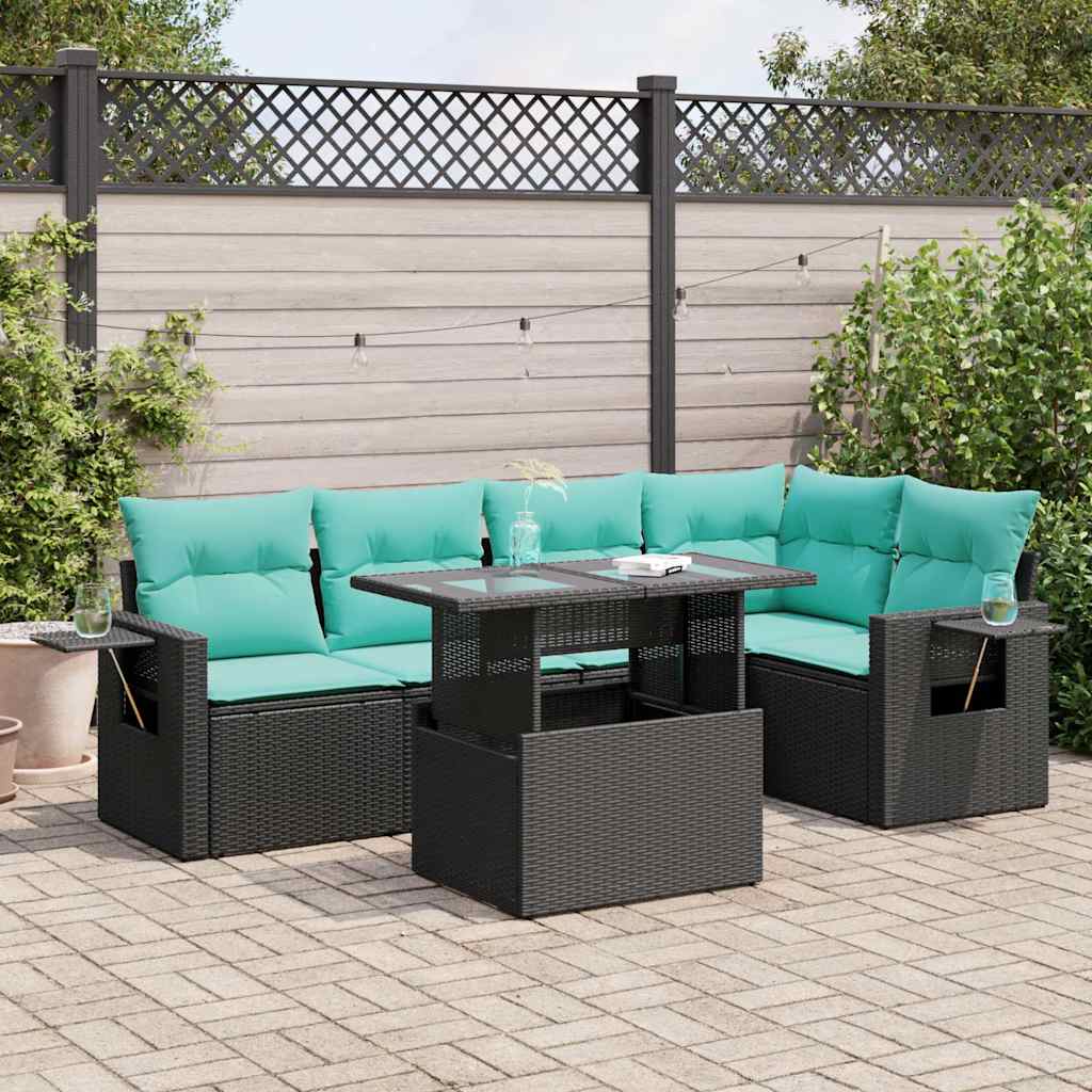 Set Divano da Giardino 6 pz con Cuscini Nero Polyrattan Acacia
