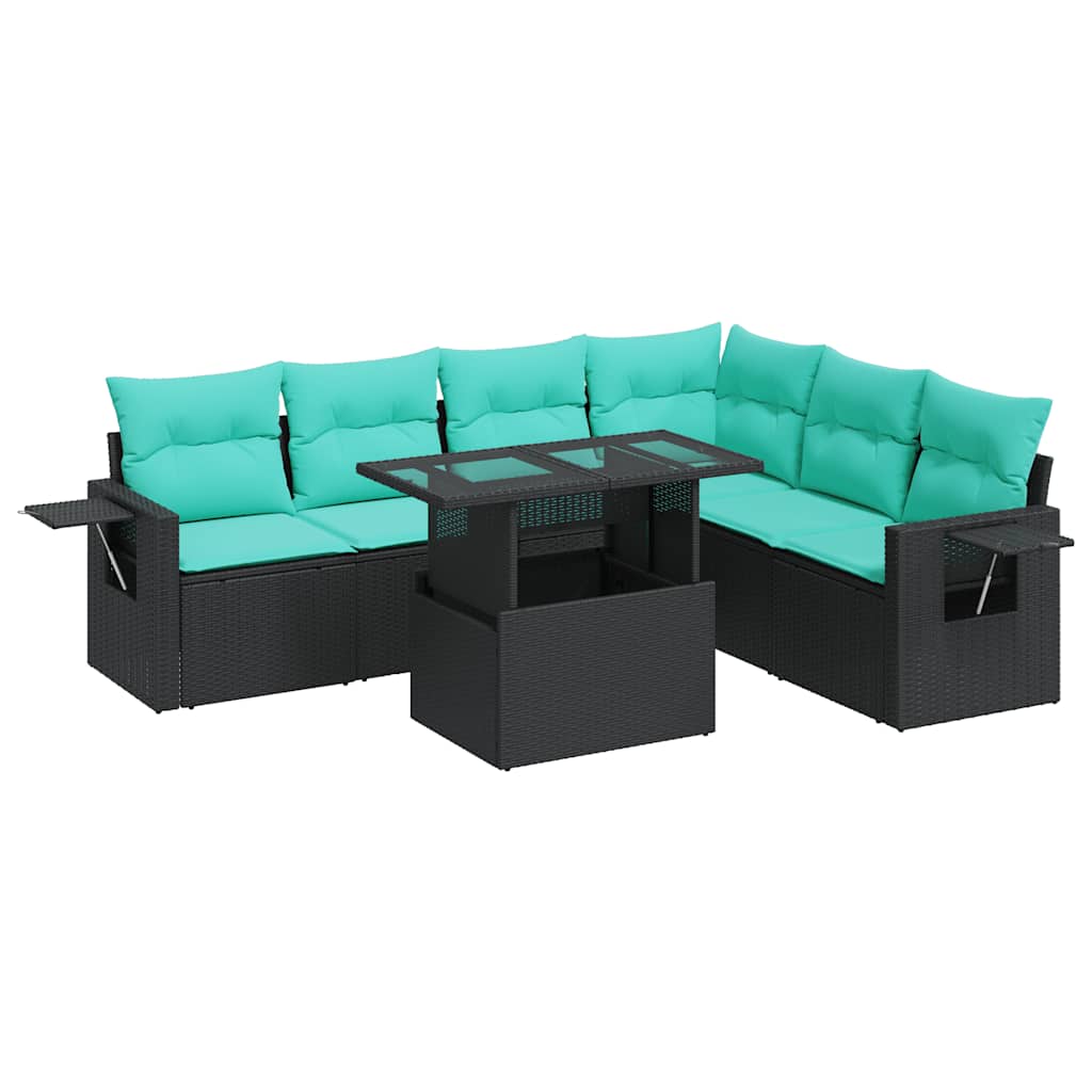 Set Divani Giardino 7 pz con Cuscini Nero Polyrattan Acacia