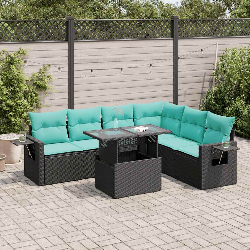 Set Divani Giardino 7 pz con Cuscini Nero Polyrattan Acacia