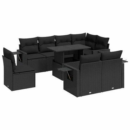 Set Divani da Giardino 9 pz con Cuscini Nero in Polyrattan
