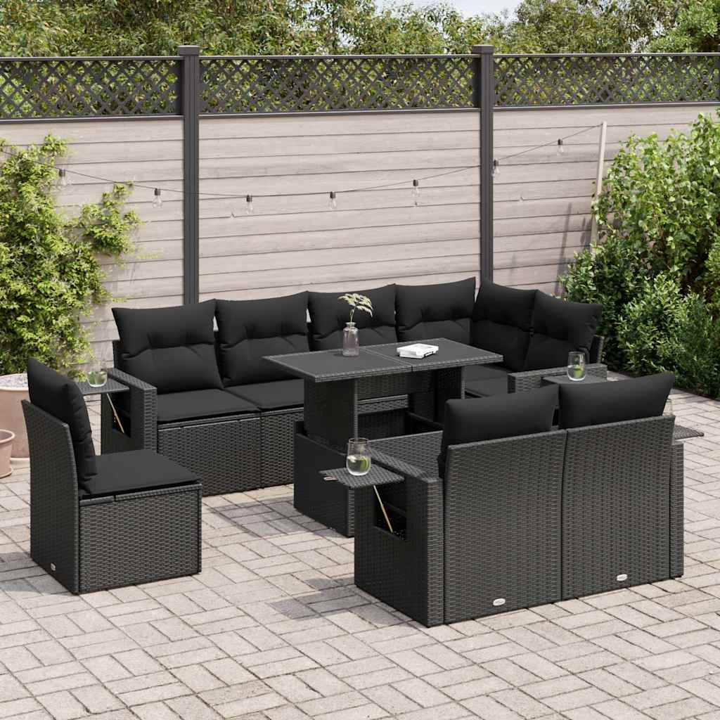 Set Divani da Giardino 9 pz con Cuscini Nero in Polyrattan | homemem39