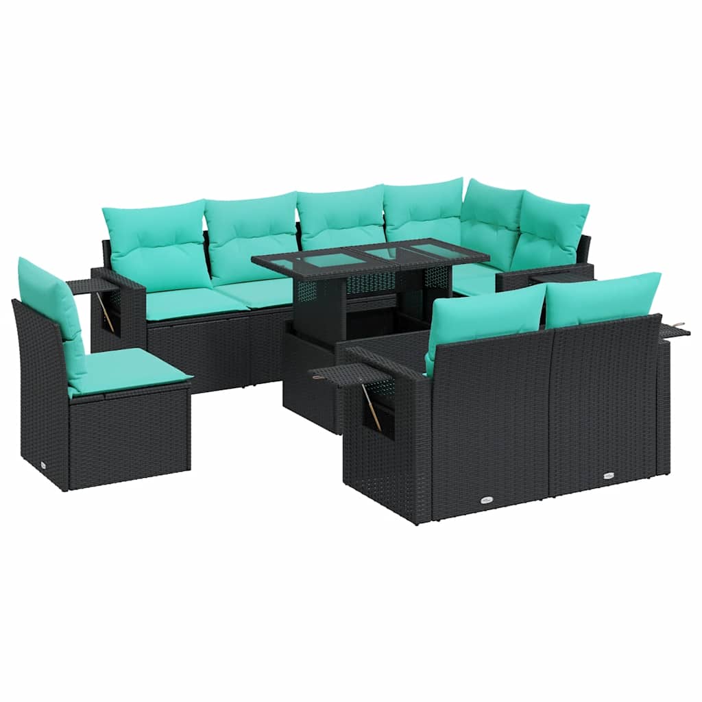 Set Divani da Giardino 9 pz con Cuscini Nero Polyrattan Acacia