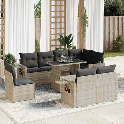 Set Divano da Giardino 9pz con Cuscini Grigio Chiaro Polyrattan
