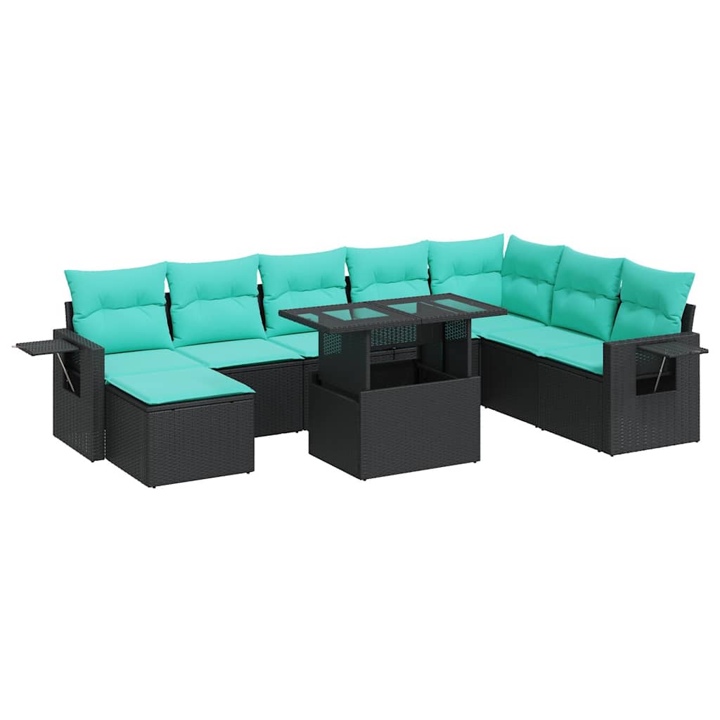 Set Divani da Giardino 9 pz con Cuscini Nero Polyrattan Acacia