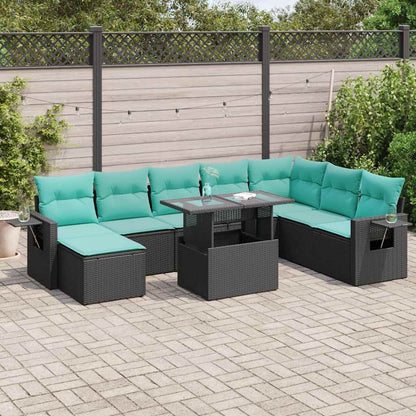 Set Divani da Giardino 9 pz con Cuscini Nero Polyrattan Acacia | homemem39