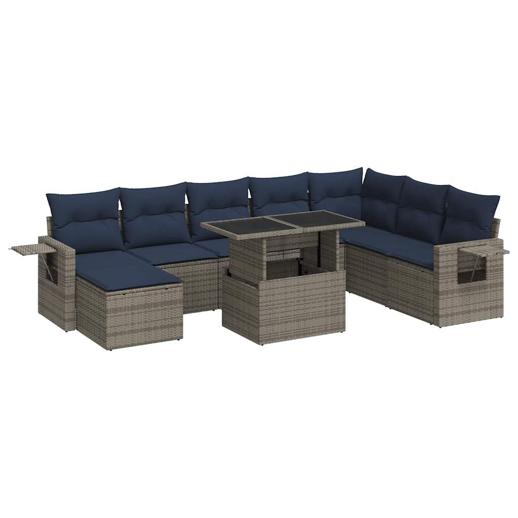 Set Divano da Giardino 9pz con Cuscini Grigio Polyrattan Acacia