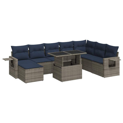 Set Divano da Giardino 9pz con Cuscini Grigio Polyrattan Acacia