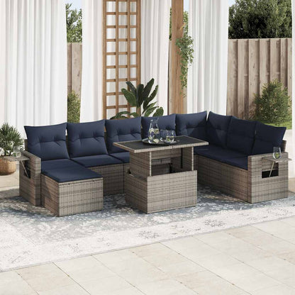 Set Divano da Giardino 9pz con Cuscini Grigio Polyrattan Acacia