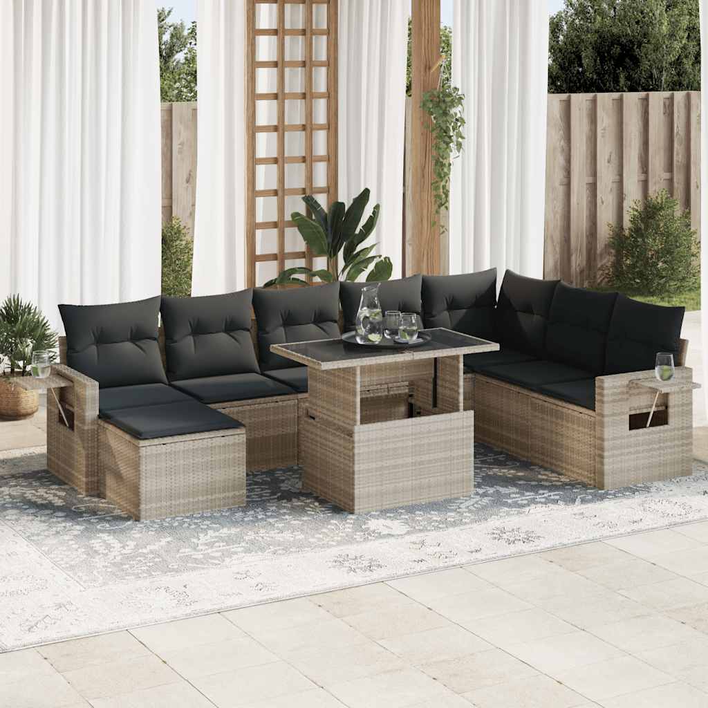 Set Divano da Giardino 9pz con Cuscini Grigio Chiaro Polyrattan | homemem39