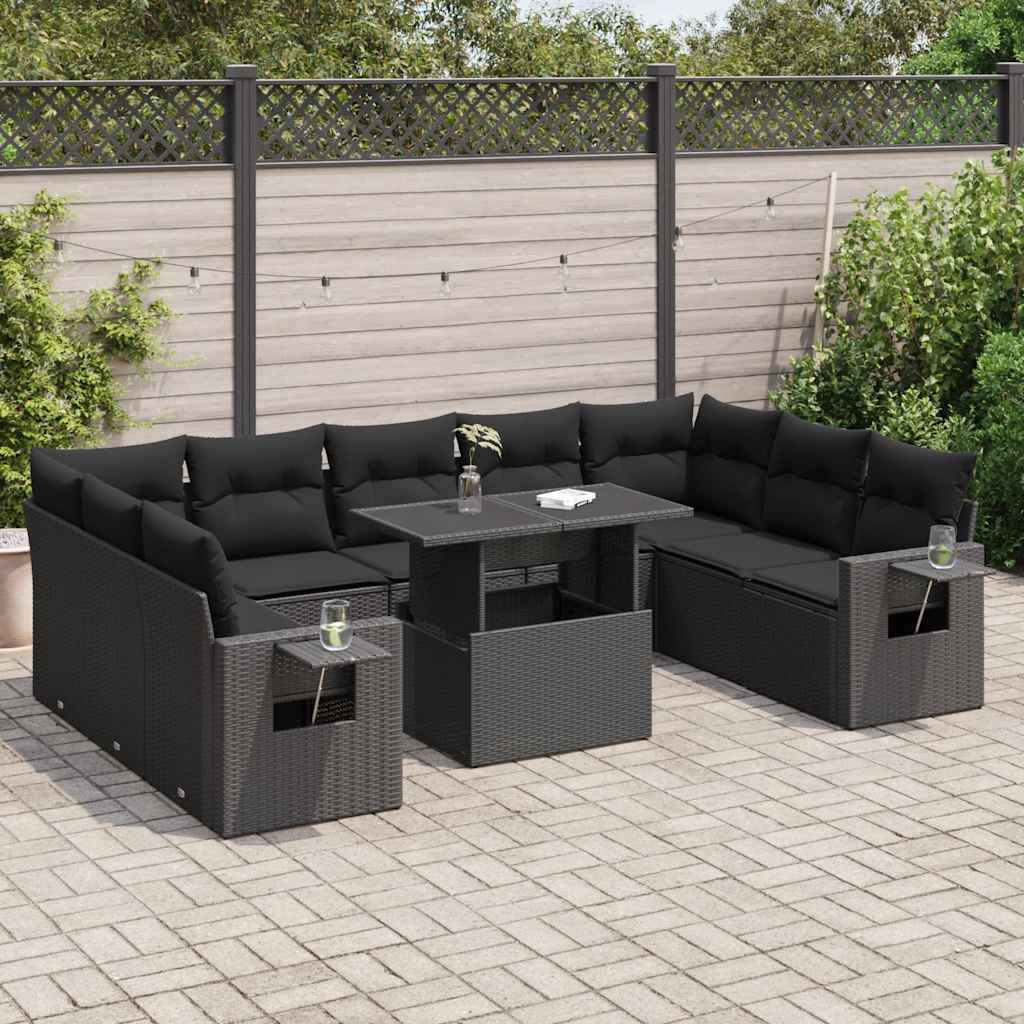 Set Divani da Giardino 10pz con Cuscini in Polyrattan Nero | homemem39