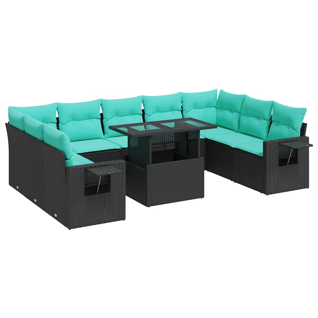 Set Divani Giardino 10pz con Cuscini Nero in Polyrattan Acacia