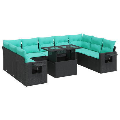 Set Divani Giardino 10pz con Cuscini Nero in Polyrattan Acacia