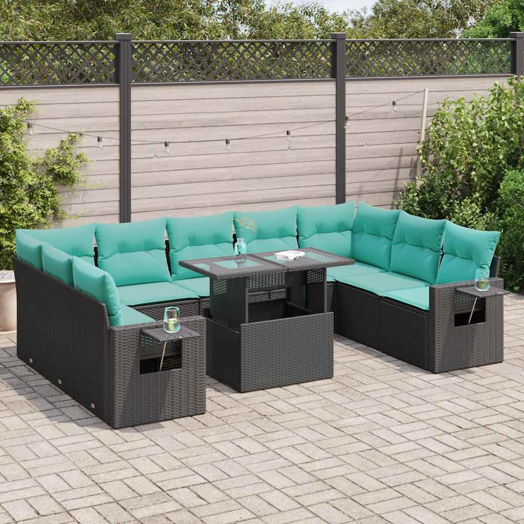 Set Divani Giardino 10pz con Cuscini Nero in Polyrattan Acacia