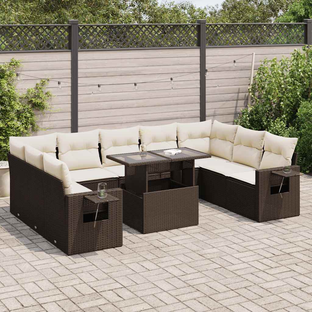Set Divani da Giardino 10pz con Cuscini in Polyrattan Marrone | homemem39