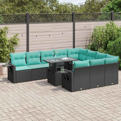 Set Divani da Giardino 11 pz con Cuscini Polyrattan Acacia Nero