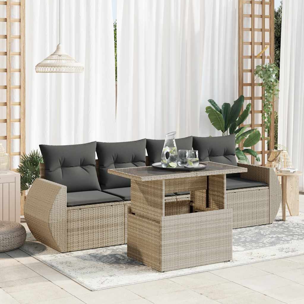 Set Divano da Giardino 5pz con Cuscini Grigio Chiaro Polyrattan - homemem39