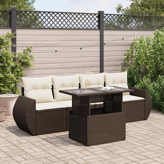 Set Divano da Giardino 5 pz con Cuscini Marrone in Polyrattan - homemem39