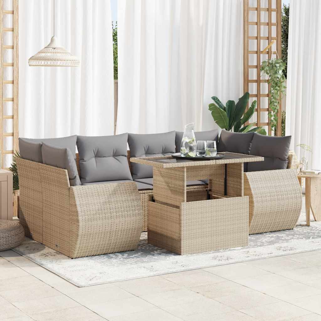 Set Divani da Giardino 7 pz con Cuscini Beige in Polyrattan | homemem39