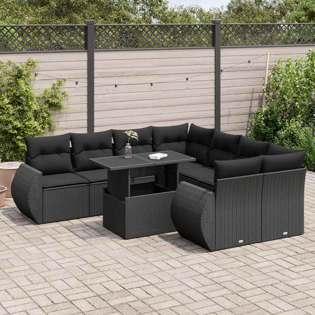 Set Divani da Giardino 9 pz con Cuscini Nero in Polyrattan | homemem39