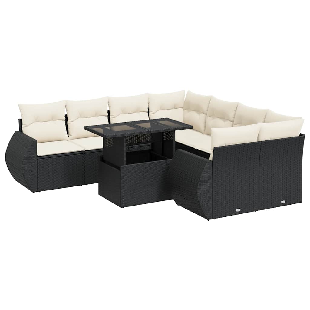Set Divani da Giardino 9 pz con Cuscini Nero in Polyrattan | homemem39