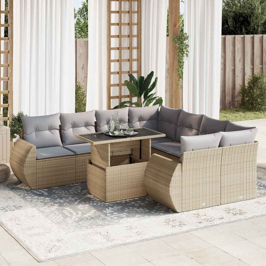 Set Divano da Giardino 9 pz con Cuscini Beige in Polyrattan