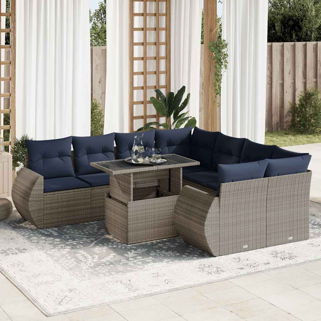 Set Divano da Giardino 9pz con Cuscini Grigio Polyrattan Acacia | homemem39