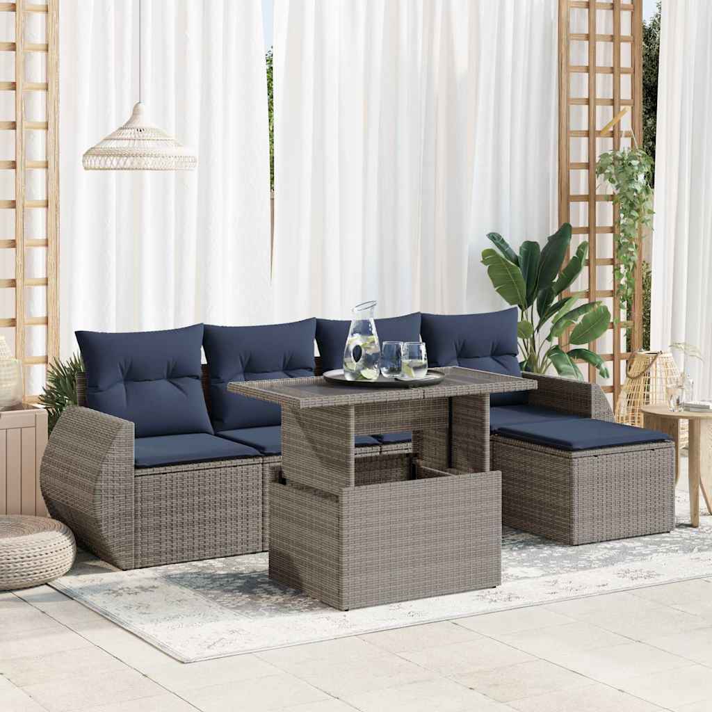 Set Divano da Giardino 6pz con Cuscini Grigio Polyrattan Acacia | homemem39