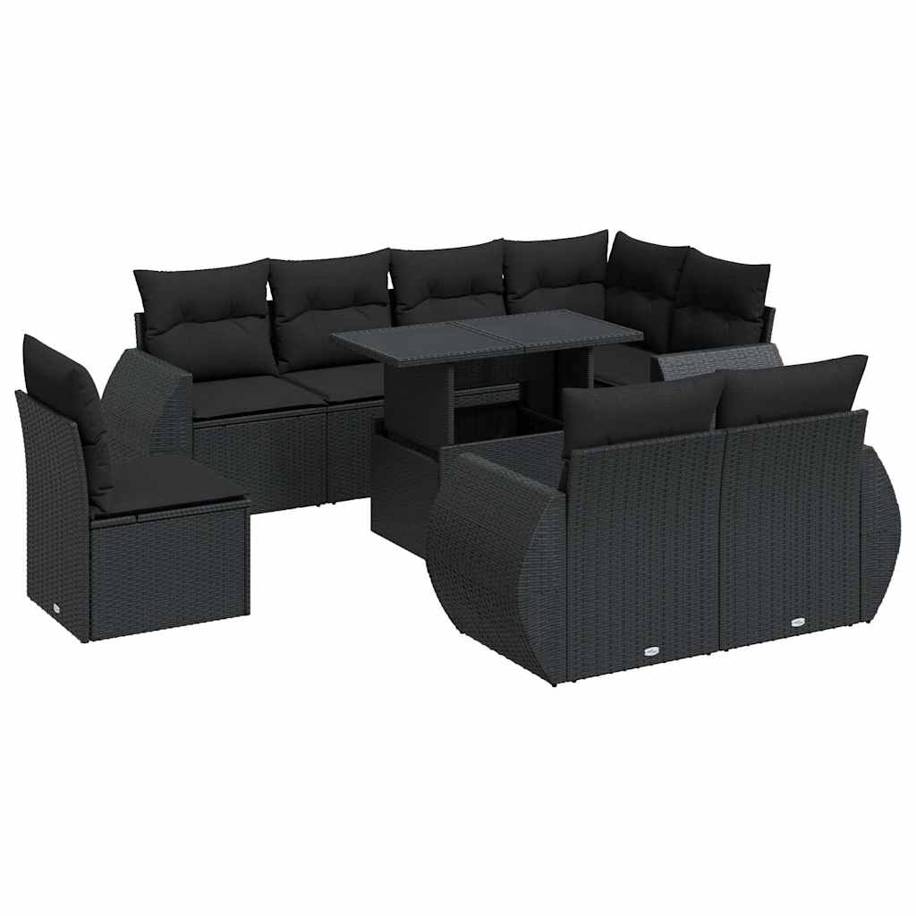 Set Divani da Giardino 9 pz con Cuscini Nero in Polyrattan | homemem39