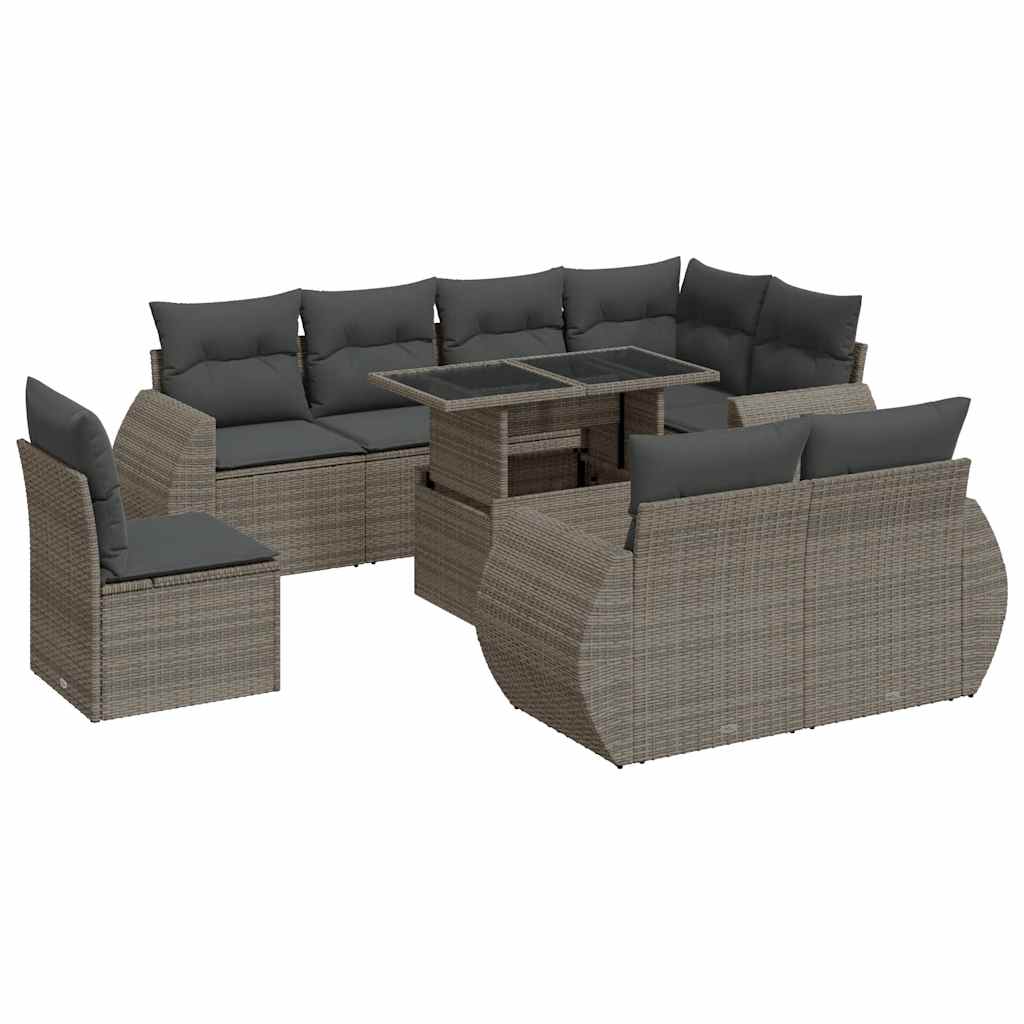 Set Divano da Giardino 9 pz con Cuscini Grigio in Polyrattan