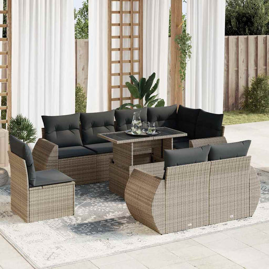 Set Divano da Giardino 9 pz con Cuscini Grigio in Polyrattan
