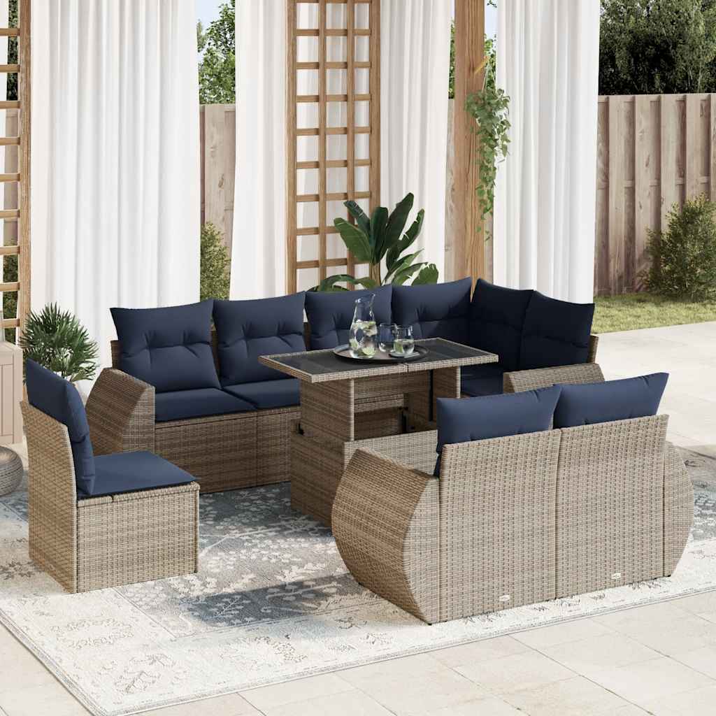 Set Divano da Giardino 9pz con Cuscini Grigio Polyrattan Acacia | homemem39