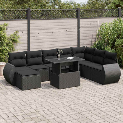 Set Divani da Giardino 9 pz con Cuscini Nero in Polyrattan | homemem39