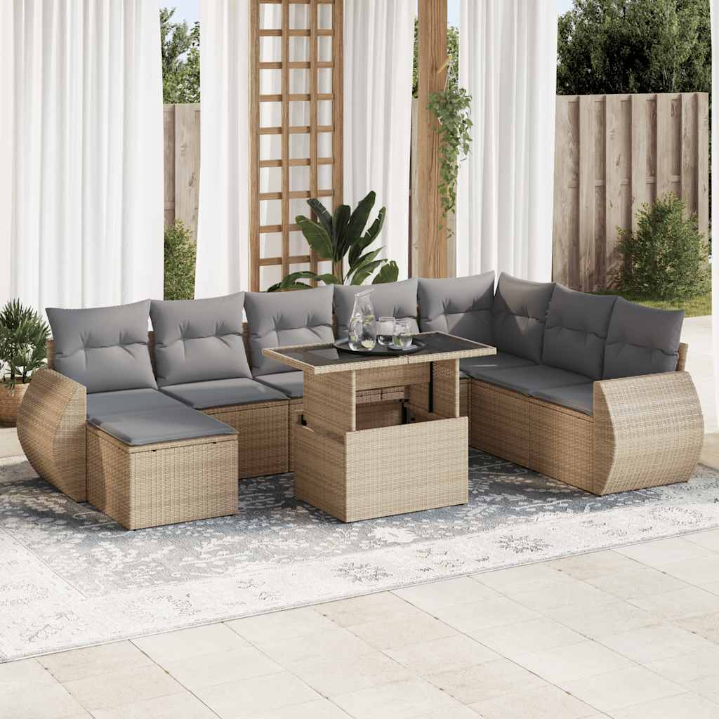 Set Divano da Giardino 9 pz con Cuscini Beige in Polyrattan | homemem39