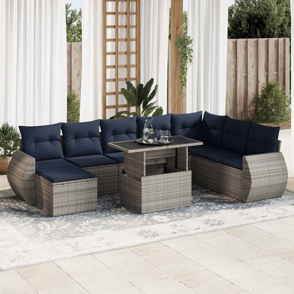 Set Divani Giardino 9 pz con Cuscini Polyrattan Acacia Grigio