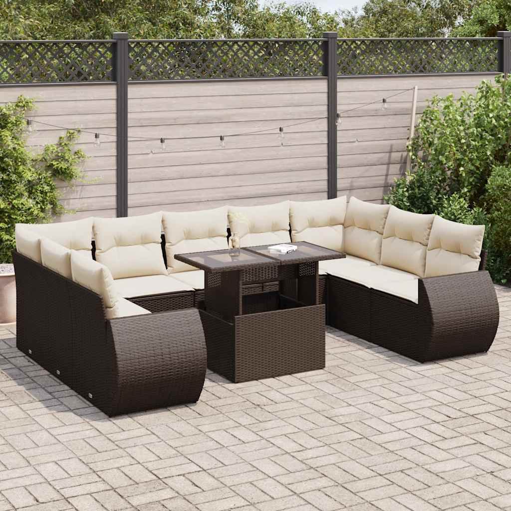 Set Divani da Giardino 10pz con Cuscini in Polyrattan Marrone | homemem39