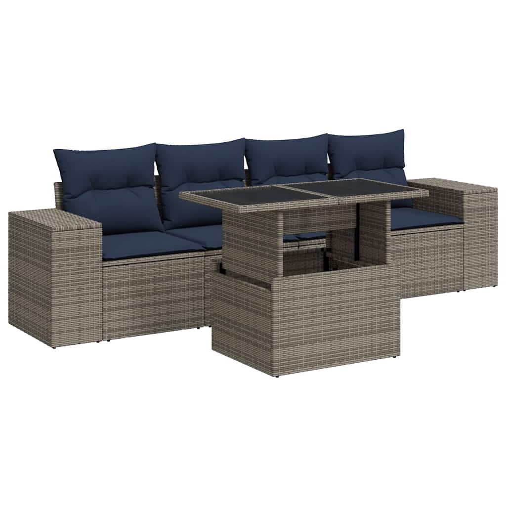 Set Divano Giardino 5 pz con Cuscini Grigio Polyrattan Acacia | homemem39