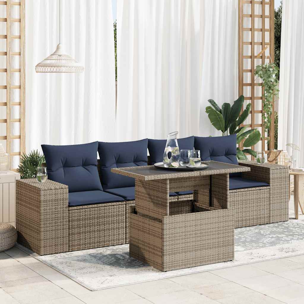 Set Divano Giardino 5 pz con Cuscini Grigio Polyrattan Acacia | homemem39