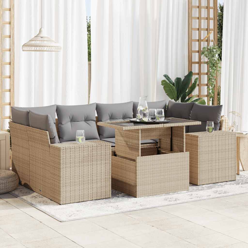 Set Divani da Giardino 7 pz con Cuscini Beige in Polyrattan | homemem39