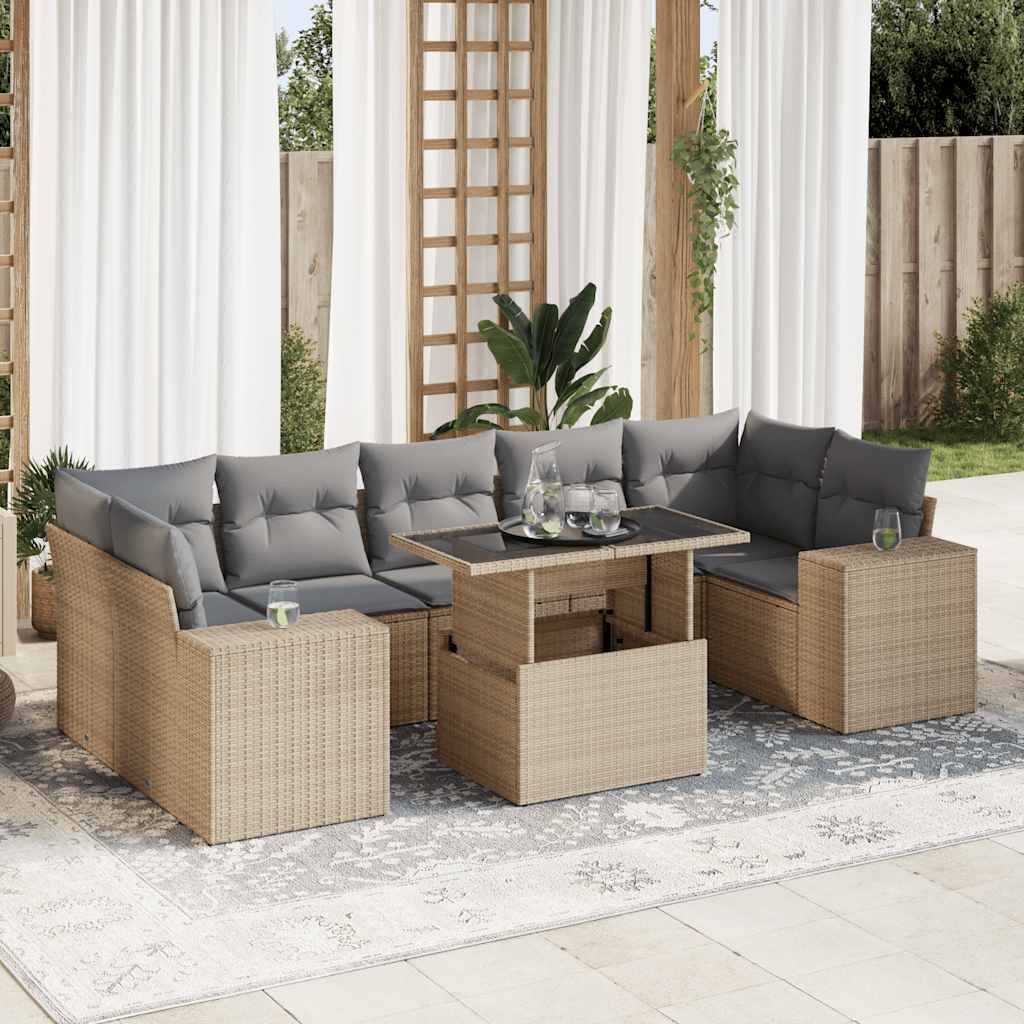 Set Divano da Giardino 8 pz con Cuscini Beige in Polyrattan - homemem39