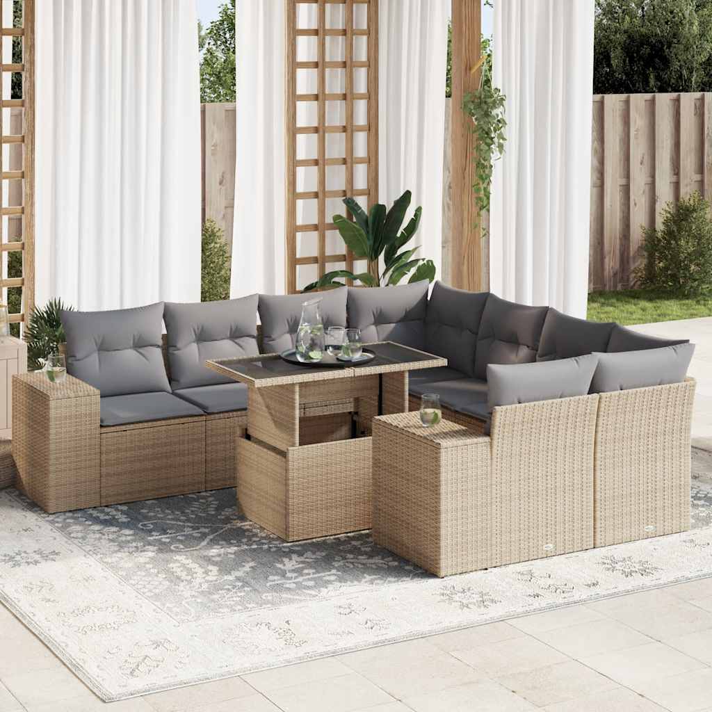 Set Divano da Giardino 9 pz con Cuscini Beige in Polyrattan | homemem39