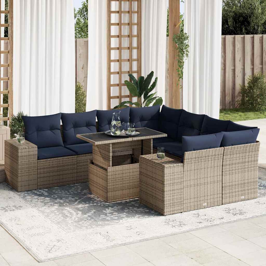 Set Divano da Giardino 9pz con Cuscini Grigio Polyrattan Acacia | homemem39